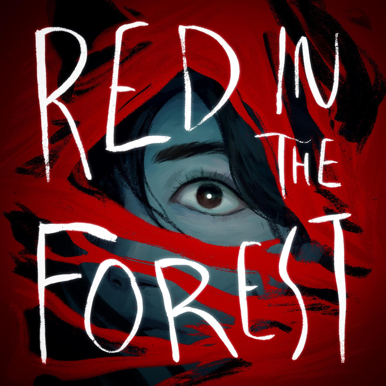A previous version of the podcast’s cover in which a blue-tinted Red with her black hair stuck to her cheeks has her face obscured by red branches. The title of the podcast, "Red in the Forest" is handwritten in white above the branches.